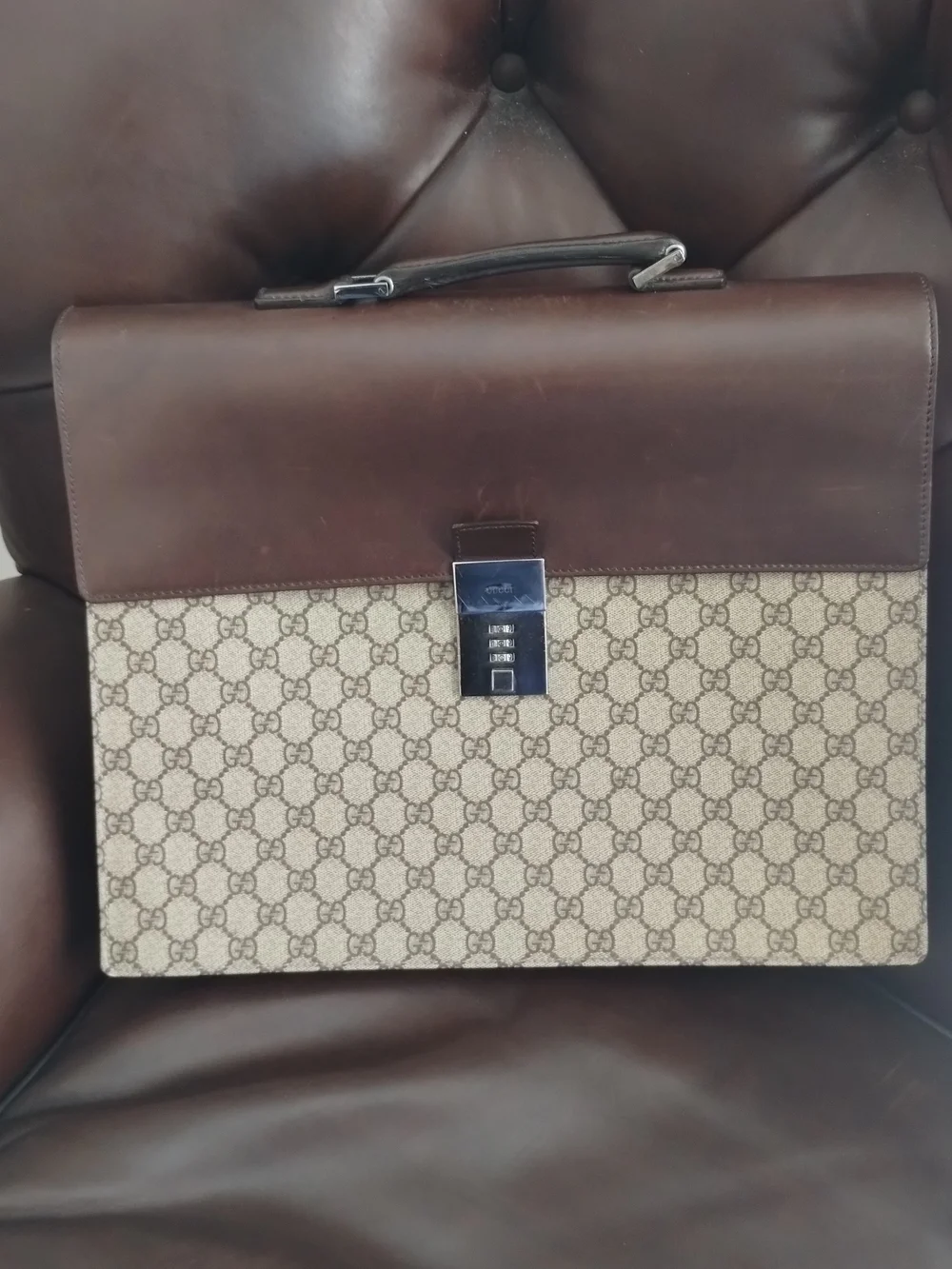 Gucci Brown Leather & Beige GG Monogram Briefcase